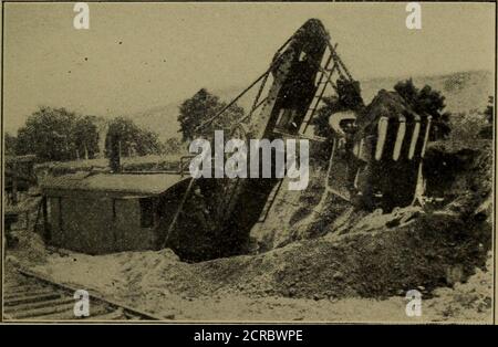 . Eisenbahninstandhaltung Engineering, mit Hinweisen auf den Bau . Abb. 29. – 70 C Bucyrus Dampfschaufel. Jeder Zug. Die zum Betrieb der Schaufel erforderliche Kraft besteht aus einer Grubenbande von vier oder fünf Arbeitern, die die Abschnitte der GRADING 49 Bahn legen und die Stützen für die Wagenheber auf der Seite der Schaufel anordnen. Letztere sind Schrauben, die in zwei^o Armen arbeiten, eine auf jeder Seite der Schaufel in der Nähe der Vorderseite. Der untere Teil der Besatzung ruht auf Holzbohlen und steppt die Schaufel whendigging. Auf der Schaufel sind zwei Männer, der Ingenieur und der Kranmann.der Kranmann steht auf einer Plattform, die an der cra befestigt ist Stockfoto