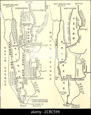 . Electric Railway Journal . xington Avenue linemade diese Teilung möglich. Das Prinzip, das dem vorliegenden Plan zugrunde liegt, ist, dass die Ströme der Reise vom unteren Teil von Manhattan Island zur Westside und Washington Heights Section bzw. zum Bronx Section so weit wie möglich getrennt werden, um Staus zu vermeiden. Die Verbindung zwischen den beiden Hauptlinien wird durch die Nutzung der ursprünglichen U-Bahn auf der Forty-Second Street zwischen TimesSquare und Grand Central Terminal asa Shuttle-Linie hergestellt. Am 1. August wurde als STA versucht, einen Shuttle-Service auf der 40-Sekunden-Straße zu fahren Stockfoto