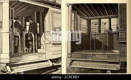 . Die Straßeneisenbahn-Zeitschrift . n andere Autos, wo das Sammeln inder alten Weise erfolgt, hat das neue Auto anstelle einer 5-Fuß-Plattform, einer 7 Fuß, Und anstelle der gewöhnlichen Tür in der Mitte des Endes gibt es zwei Türen, das Messing Geländer führt von den Stufen, die die Plattform in zwei Gänge teilen. Die Tür nach links ist von Personen, die in den Carand der anderen ausschließlich von denen, die zu verlassen wünschen verwendet werden. Dies ist ar- 142 STREET RAILWAY JOURNAL. [Vol. XXVII. Nr. 4. Erstreckte sich und wurde willkürlich durch die Tatsache, dass sich eine der Türen nur nach innen öffnet, die andere nur nach außen öffnet Stockfoto