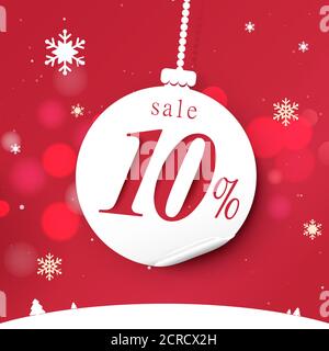 Banner für Weihnachtsverkauf. Weiße weihnachtskugeln hängen auf rotem Bokeh Hintergrund. Vektorgrafik Stock Vektor