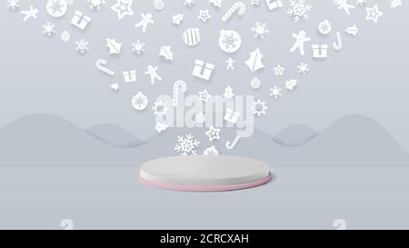 3d-weißes Podium-Display mit flachen geometrischen Form weihnachtsornamenten. Vektorgrafik Stock Vektor