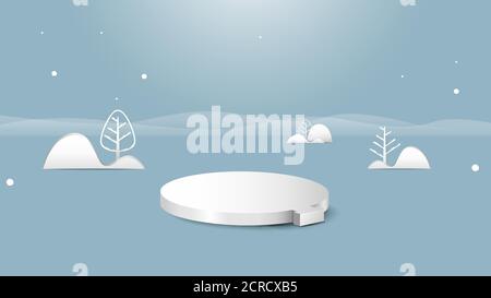 3d blau und weiß in weihnachtskugel Podium Anzeige. Flache geometrische Form weihnachtsbaum Landschaft Konzept Dekoration. Vektorgrafik Stock Vektor