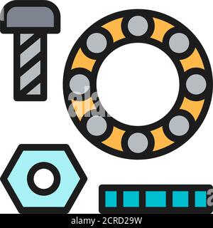 Symbol für flache Farblinie von Metallteilen, Unterlegscheiben mit Schrauben und Lagern. Stock Vektor