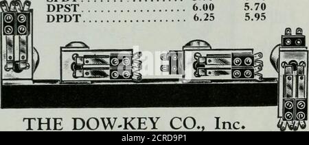 . QST. , . eine neue Klasse von Relais für Radio und Industrie Modell DKP DKP ^^ilent als DC-Relais, ausgelegt auf 25 Ampere nicht induktiveload bei 110 V . . lässt sich leicht unter einem IJ^ Chassis montieren. . sorgfältig entwickelt für Steuerkreise, Motor Start-ing . . ruhig, robust. . Verkettung und Bewegungsverlust durch direkten Magnetschub eliminiert. . dieser vielseitige Rücksatz löst Montageprobleme: Leicht wechselbarer Montagefußermöglicht Kombinationen für Chassis-, Bank- oder Rack-Montage. Schwere Blattfedern und /(» Münzsilberkontakte mit einer Betriebsdauer von 2 bis 5 Millisekunden stellen das Dow MidgetAll-Purpose Power Relay in eine Klasse von i Stockfoto