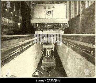 . Die Straßeneisenbahn Zeitschrift . hich arerenewed so oft wie nötig. Der Körper des Pfluges, der durch den Schlitz geht, besteht aus drei Stück Stahlblech, mit Platz zwischen ihnen für den flachen isoliertwire, um hinunter zu den Kontaktschuhen zu laufen. Letztere sind direkt auf Federn befestigt, und zwei flexible Leitleiter laufen an jedem Schuh, da festgestellt wurde, dass ein Leiter ist geeignet, gebrochen zu werden. Der untere Teil des Pfluges ist aus Holz, mit Ausnahme der Kontaktschuhe, Federn und Eisen für die Federunterstützung. Der Pflug wird vom Auto genommen, wenn irgendwelche Reparaturen an ihm vorgenommen werden sollen. Wenn AP Stockfoto