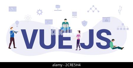 vue js Konzept mit modernen großen Text oder Wort und Menschen mit Ikone verwandten modernen flachen Stil Stock Vektor