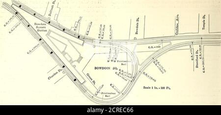 . Elektrische Eisenbahn Zeitschrift . BOSTON BAHNHOF VERBESSERUNGEN - STEIGUNG IN CAMBRIDGE STRASSE AM WESTLICHEN ENDE DES EAST BOSTON TUNNEL ERWEITERUNG 262 ELEKTRISCHE EISENBAHN JOURNAL [VOL. XLVIII, Nr. 7. BOSTON BAHNHOFSVERBESSERUNGEN – BOWDOIN BAHNHOF, SCHLEIFE UND EINE DURCHGANGSSTRECKE, AUF EAST BOSTON TUNNELERWEITERUNG unter Boston Hafen zum Geschäftsviertel von Bos-Ton, und der Service, der zu dieser Insel der Stadt erbracht werden kann, wird durch die Kapazität des Tunnels begrenzt. Solange Scollay Square der westliche Terminus blieb, war die Kapazität des Tunnels auf die Anzahl der Einzelwagen pro Stunde Th begrenzt Stockfoto