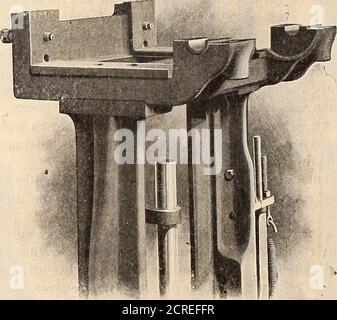 . Eisenbahnmeistermechaniker [Mikroform] . Abb. 2 - Automatische Friction Board Lift DropHammer.die entgegengesetzte feste Rolle, die den Druck von eachroll gegen das Hebebrett versichert, direkt gegenüber. Sollte die Reibwalze nicht prop-erly eingestellt werden, ist es für die Stange unmöglich, weit zu fallen, um die Nocke über die Mitte passieren zu lassen, und dadurch die Rollen zu binden und werfen Sie die Riemen. Die Rollen sind eine angetriebene Passung zu den Wellen, und keyed zu thesame. Das Hebebrett wird mit Hilfe von im Hammer befestigt. Abb. 3 – Schlaghammer Heben Rahmen.Keile, die p Stockfoto