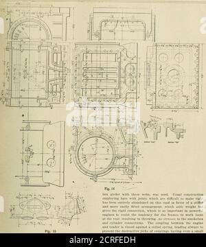 . Amerikanischer Ingenieur und Eisenbahn-Zeitschrift . von den Ecken. Die Position des mittleren Stiftlagers, SVzinches hinten in der Mitte des Sattels, wird als Verbindung mit dem Stapler bezeichnet. Rahmen.einer der drei Motoren hatte Stahlgussrahmen, der andere aus Schmiedeeisen, mit Ausnahme der vorderen Abschnitte, die in allen Fällen aus Stahlguss bestehen. Die Form, einschließlich der tiefen Slabat der Zylinder. Abb. 16, ist ähnlich wie bei den im letzten Jahr gezeigten Frachteginen, außer dass die obere Schiene hinter den Fahrkästen abgesetzt ist, um die Feuerstelle möglichst tief zu machen, und die Rahmen davon Stockfoto