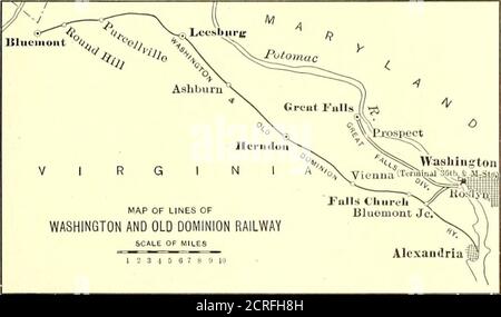 . Elektrische Eisenbahn Zeitschrift . 22. März 1913.] ELECTRIC RAILWAY JOURNAL 535 Einrichtungen, etc., und gründete seine Trainmaster und Traindispatchers Büros. Ebenso wird der ein- und Ausstieg von Express-, Packagefracht- und Milchverkehr erleichtert, sobald eine geeignete Umgestaltung des sechsunddreißigsten und M Streetsterminals vorgenommen werden kann. Dieses Geschäft, wie der Personenverkehr, wird alle mit elektrischer Antriebskraft behandelt. Für die Gegenwart. Washington & Old Dominion Railway – Karte der regelmäßige Güterverkehr der Blue-mont-Division wird jedoch von Dampflokomotiven abgewickelt Stockfoto