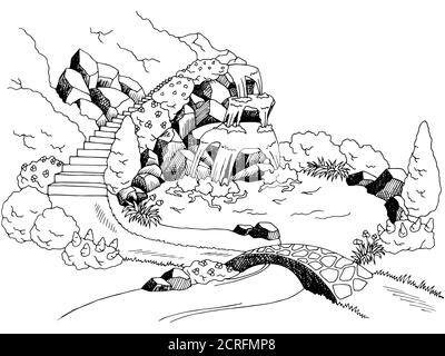 Park Wasserfall Fluss Grafik Kunst schwarz weiß Landschaft Illustration Vektor Stock Vektor