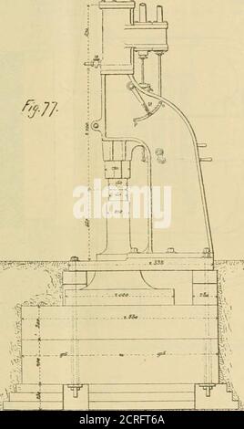 . Die Eisenbahn- und Ingenieurzeitschrift . das Stück; der untere Teil des Tliestabes endet in einem Kegel, vk^hichenters den Hammer und wird von einem halbzylindrischen Schlüssel gehalten, dessen flache Seite auf einer Ebene angetrieben wird, die zu therod geneigt ist. Dieser Hammer verdankt seinen Erfolg der Anlage, mit der der Hub reguliert wird und der Einfachheit seiner Teile. Ich werfe es zurück, und mit Hilfe des Arms .^Heben der Ventilstange D und das Ventil G. Diese Bewegung ermöglicht Dampf in den oberen Teil des Zylinders, und so bewirkt, dass der Kolben und der Hammer zu senken. Der SpringL wirft den Leve zurück Stockfoto