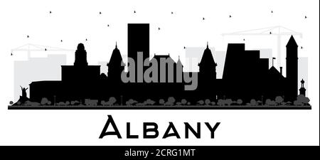 Albany New York City Skyline Silhouette mit schwarzen Gebäuden isoliert auf Weiß. Vektorgrafik. Albany USA Stadtbild mit Wahrzeichen. Stock Vektor
