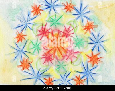 Bunte Aquarellmalerei mit sternartigen Blumen. Mandala-Form. Aquarelle Stockfoto