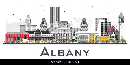 Albany New York City Skyline mit farbigen Gebäuden isoliert auf Weiß. Vektorgrafik. Albany USA Stadtbild mit Wahrzeichen. Geschäftsreisen. Stock Vektor