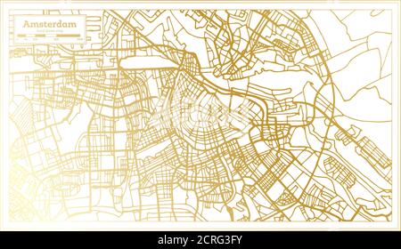 Amsterdam Holland Stadtplan im Retro-Stil in goldener Farbe. Übersichtskarte. Vektorgrafik. Stock Vektor