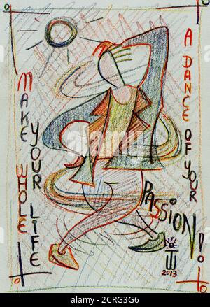 Zeichnen mit einem mehrfarbigen Bleistift. Machen Sie Ihr ganzes Leben zu einem Tanz Ihrer Leidenschaft. Stockfoto