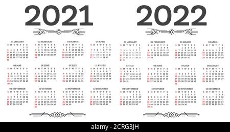 Kalender 2021 2022 isoliert auf weißem Hintergrund. Woche beginnt ab Sonntag. Vektorgrafik. Stock Vektor