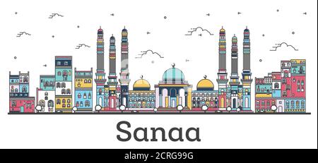 Skizzieren Sie Sanaa Yemen City Skyline mit farbigen Gebäuden isoliert auf Weiß. Vektorgrafik. Sanaa Stadtbild mit Wahrzeichen. Stock Vektor