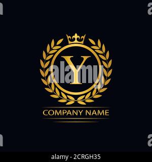 Goldener Buchstabe Y Lorbeerkranz Schablone Logo Luxus goldener Buchstabe mit Krone. Monogramm Alphabet . Schöne königliche Initialen Buchstaben. Stock Vektor