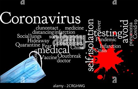 Wortwolkenplakat von covid-19 mit Virus und Blutspritzer Isoliert auf schwarzem Hintergrund Stockfoto