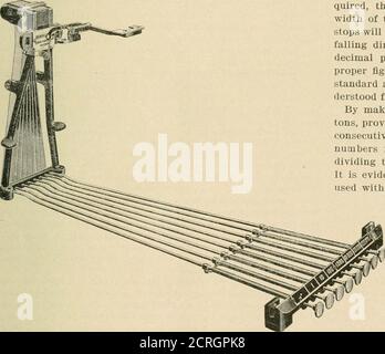 . Amerikanischer Ingenieur und Eisenbahn Zeitschrift . Anhang zur Abrechnung und Abrechnung von Remington. Der Remington Billing and Tabulating Attachment. Beispiel, wenn 100 geschrieben werden soll, Der 100-Knopf wird gedrückt und die Anfahrbewegung bewegt sich sofort und wird an der Raumabschreckung durch die Position des Anschlagers auf dem Baclv der Maschinenessary, um die erste Figur an ihren richtigen Platz in der Spalte zu bringen verhaftet. Sollen auf der Seite drei Figurenspalten angeordnet werden, werden die Anschläge an den richtigen Stellen im Bereich platziert und der Bediener beginnt mit dem Schlitten in seiner äußersten Position. Die Push-BU Stockfoto