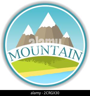 Icon-Label mit einer Naturlandschaft Landschaft mit Bergen mit schneebedeckten Gipfel der Fluss und ein Gras. Stock Vektor