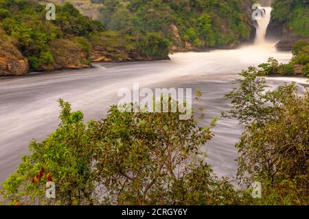 Langzeitbelichtung des Murchison Wasserfalls auf dem Victoria Nil bei Sonnenuntergang, Uganda. Stockfoto