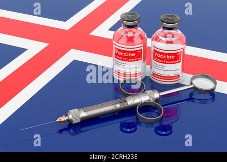 Impfung in Island Konzept. Impfstoffflaschen mit Spritze auf isländischer Flagge, 3D-Rendering isoliert auf weißem Hintergrund Stockfoto