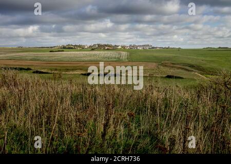 Land, Wiesen und Felder an der Opalküste Stockfoto