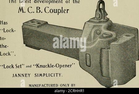 . Amtsverfahren . DRASSund DPOHZC rOUHDCRS. Messing und Bronze Gussteile jeder Beschreibung. Cngine Brasses und Car Journal Bearings A Specialty. Sole Hersteller von KORINTHISCHEN BRONZE für das Fahren und Rod Brasses.High Grade Babbitt Metalle. Tageskapazität 50,000 Lbs. Büro und Werke, Thirty-First Street und Penn Avenue. DER JANNEY X KOPPLER die neueste Entwicklung des M. C. B. Kopplers. Schloss-Set und Knuckle-OpenerJANNEY EINFACHHEIT. HERGESTELLT NUR VON DER MCCONWAY & TORLEY FIRMA PITTSBURGH. PA. Der umfangreichste Service hat die Effizienz und Sicherheit des PlNTSCH-Systems und nachgewiesen Stockfoto