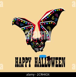 Happy Halloween Text Hintergrund mit bunten Fledermaus-Symbol Stockfoto