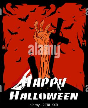 Halloween Hintergrund Text Cartoon mit gruseligen Hand und Friedhof, rot und schwarz Farbe Stockfoto