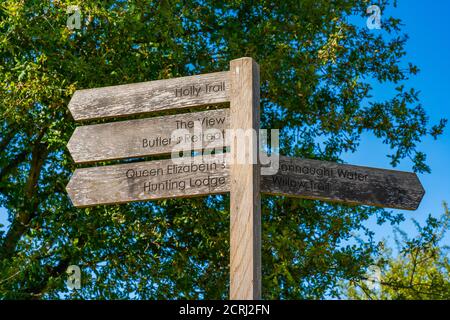Holzschild mit Wegbeschreibung in Epping Forest in Essex, England Stockfoto