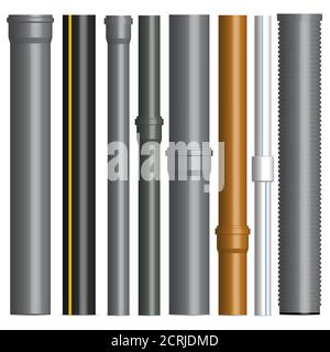 Satz von verschiedenen Kunststoff Rohre für die Kanalisation, Wasserleitung mit Anschlussflanschen auf einem weißen Hintergrund. Vorderansicht, Vector Illustration. Stock Vektor