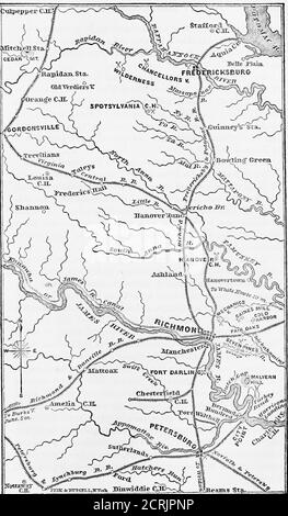 . Der Süden : eine Tour durch seine Schlachtfelder und zerstörten Städte, eine Reise durch die verwüsteten Staaten, und Gespräche mit den Menschen: Eine Beschreibung des gegenwärtigen Zustandes des Landes - seine Landwirtschaft - Eisenbahnen - Geschäft und Finanzen.. . Kationen von Richmond. Crossinga desolate hügelige Land von Unkraut und Unterholz, wereached die Werke unter Laurel Hill, der neueren Bau-tion, und von einem mehr formidable Charakter. Die Böschungen waren achtzehn Fuß hoch Fi-om den Boden des Grabens. Das war etwa sechs Fuß tief und zwölf breit. Es gab zwei Borsten von abatis. Zusammen Stockfoto