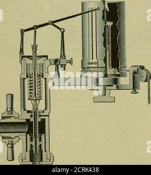 . Amerikanischer Ingenieur und Eisenbahn-Zeitschrift. Trument wurde entwickelt, um diese Anforderung zu erfüllen, und es wurde getan, ohne die acht beweglichen Teile zu erhöhen. Die Trommelbleistift-Bewegung ist die gleiche wie die zuvor von dieser Firma verwendet, aber die Fläche des Kolbens wurde von einer Hälfte auf ein Viertel asquare Zoll reduziert, die die Verwendung einer kleinen Größe von Draht in der Pring erlaubt. Anstatt komprimiert zu werden, ist diese Feder in Aktion verlängert, die dazu neigt, die Bewegung in einer directline zu bringen, wodurch Krämpfe und übermäßige Reibung vermieden werden. Der Penciloperiert in einer Weise, die direkt dem von entgegengesetzt ist Stockfoto
