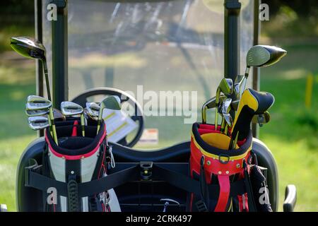 Golfschläger in Taschen an der Rückseite des Golfbuggys Stockfoto