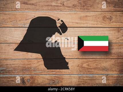 Karte und Flagge von Kuwait, Region Asien, auf Holzhintergrund, 3D-Illustration Stockfoto