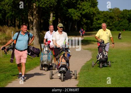 Vier Golfer, die an sonnigen Tagen neben dem Fairway spazieren Stockfoto