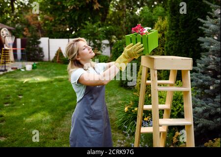 Glückliche Frau schaut auf Blumenbeet, Gartenarbeit Stockfoto