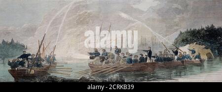 Im Mai-Juni 1854 ein britisches Fluggeschwader von Dampfschiffen unter Kommando von Konteradmiral Sir James Hanway Plumbridge operierte auf dem Bottnischen Meerbusen Stockfoto