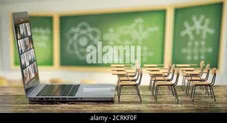 Online-Bildung und E-Learning-Konzept. Home Quarantäne Fernunterricht. Laptop und Schulschreibtische auf einem Schreibtisch im Hintergrund des Klassenzimmers. 3d-Illustration Stockfoto
