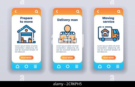 Verschieben von Services und Laden von Boxen auf mobilen App-Onboarding-Bildschirmen. Banner für Website und mobile Kit Entwicklung UI UX GUI Vorlage Stock Vektor