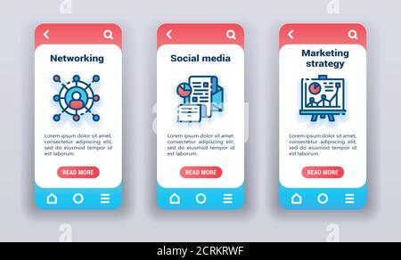 Marketing-Kanäle auf den Bildschirmen für das Onboarding von mobilen Apps. UI-UX-GUI Stock Vektor