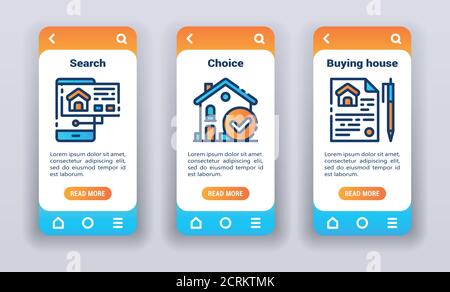 Immobilien auf mobilen App Onboarding Bildschirme. Liniensymbole, Suche, Auswahl, Haus kaufen. Banner für die Entwicklung von Websites und mobilen Kits Stock Vektor