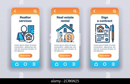 Immobilien auf mobilen App Onboarding Bildschirme. Linie Symbole, makler Dienstleistungen, Vermietung, unterzeichnen einen Vertrag. Stock Vektor