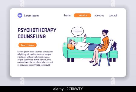 Psychotherapie Beratung Web-Banner. Isolierte Comic-Figuren auf weißem Hintergrund. Konzept für Webseite, Präsentation, smm, Anzeige, Website. Vektor Stock Vektor
