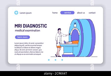 MRI-Gerät im Krankenhaus. Ärztliche Untersuchung auf eine Krankheit. Isolierte Comic-Figuren auf weißem Hintergrund. Konzept für Webseite Stock Vektor