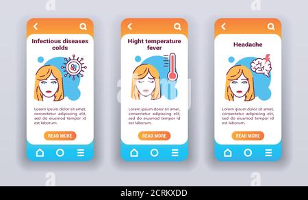Infektionskrankheiten auf mobilen App Onboarding-Bildschirmen. Stock Vektor